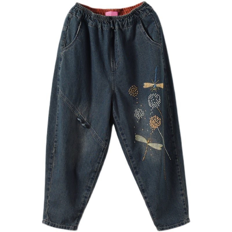 Frauen Lockere Frühlings-retro-libellen-stickerei-baumwolljeans