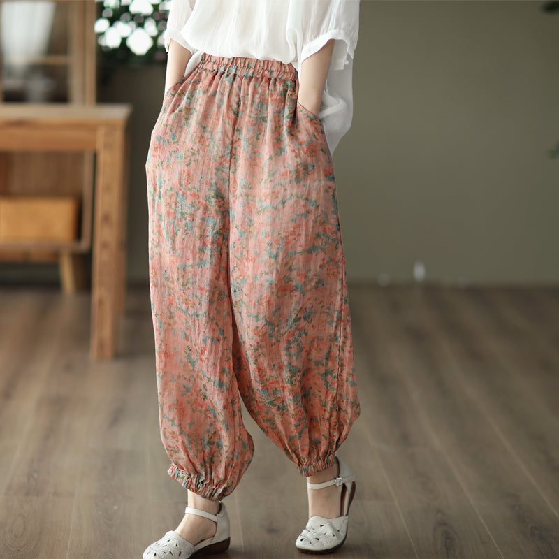 Frauen-retro Blumensommer-lose Leinenhose