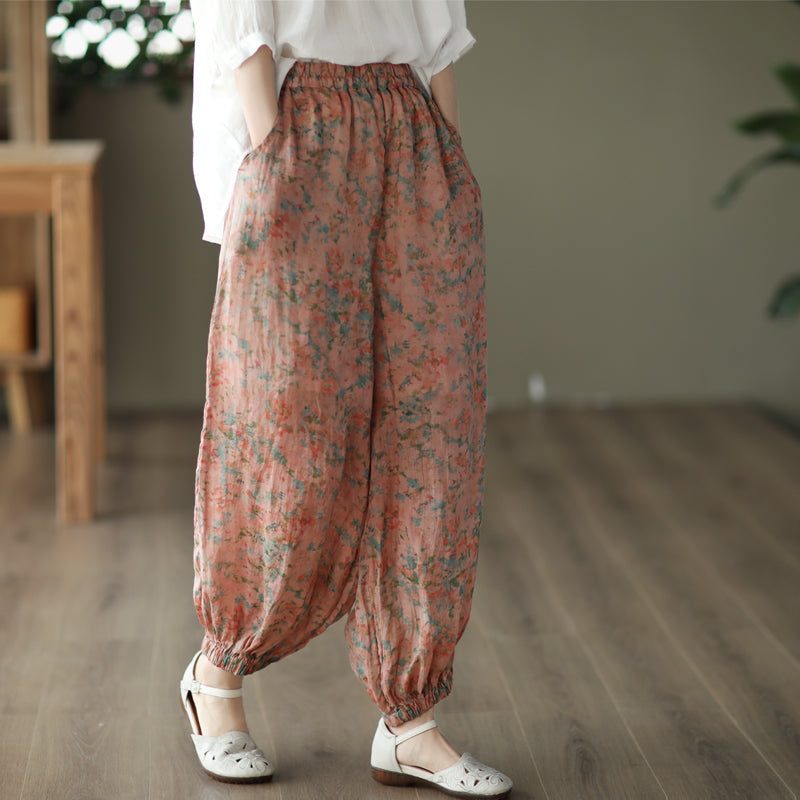 Frauen-retro Blumensommer-lose Leinenhose