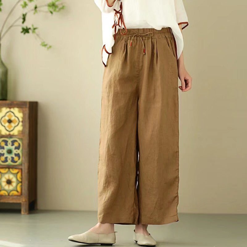 Frauen-sommer-retro-baumwoll-leinen-hose Mit Weitem Bein