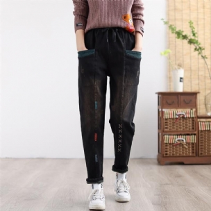 Frauen Winter Verdicken Retro Bestickte Patchwork Elastische Jeans