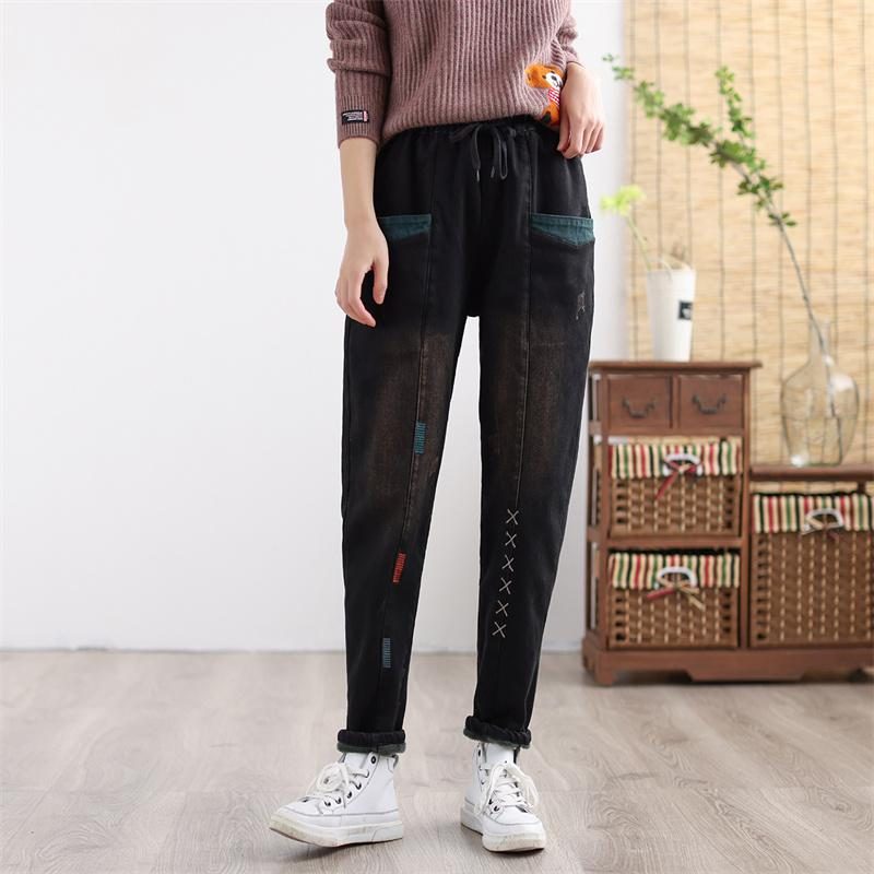 Frauen Winter Verdicken Retro Bestickte Patchwork Elastische Jeans