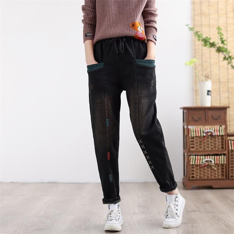 Frauen Winter Verdicken Retro Bestickte Patchwork Elastische Jeans