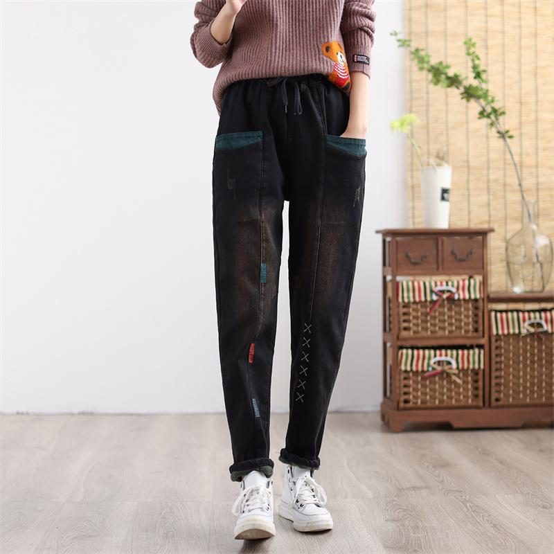 Frauen Winter Verdicken Retro Bestickte Patchwork Elastische Jeans