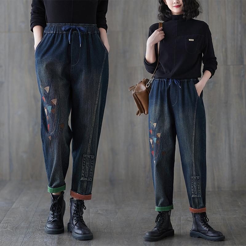 Frühlings-herbst-retro Lässige Baumwolljeans Mit Stickerei