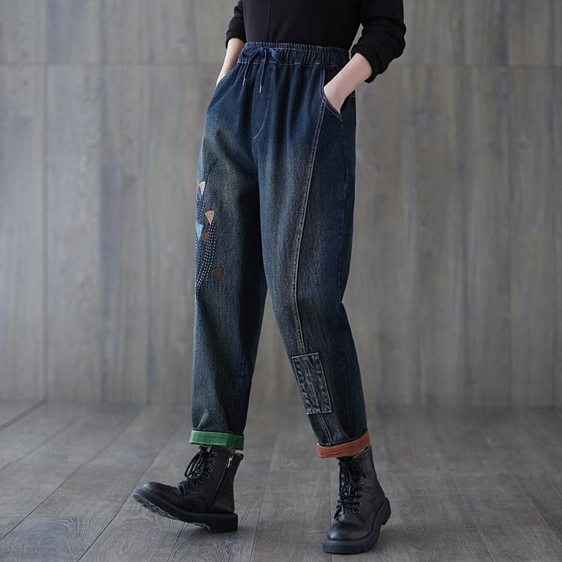 Frühlings-herbst-retro Lässige Baumwolljeans Mit Stickerei