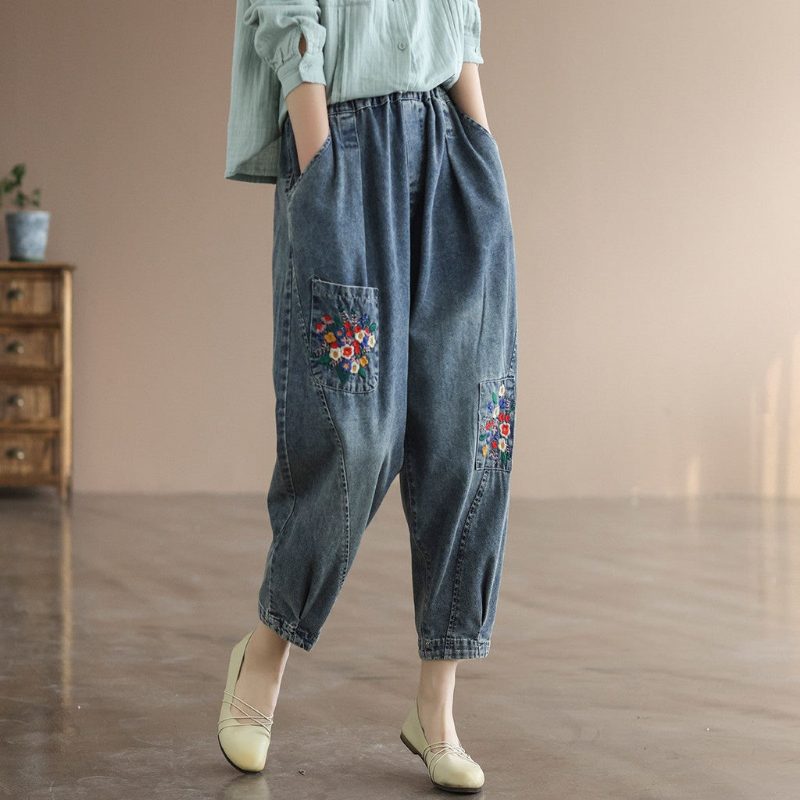 Frühlings-retro-harems-jeans Mit Blumenstickerei