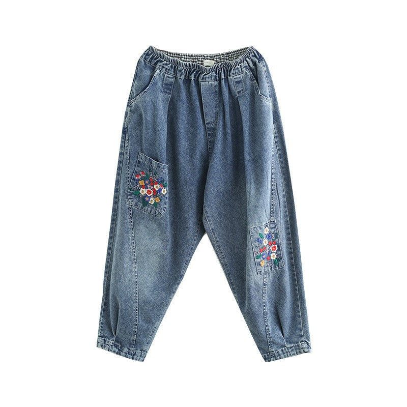 Frühlings-retro-harems-jeans Mit Blumenstickerei