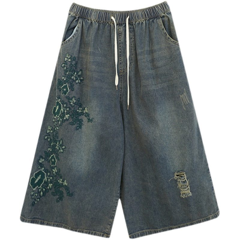 Frühlings-retro-stickerei Blumen Zerrissene Lockere Jeans