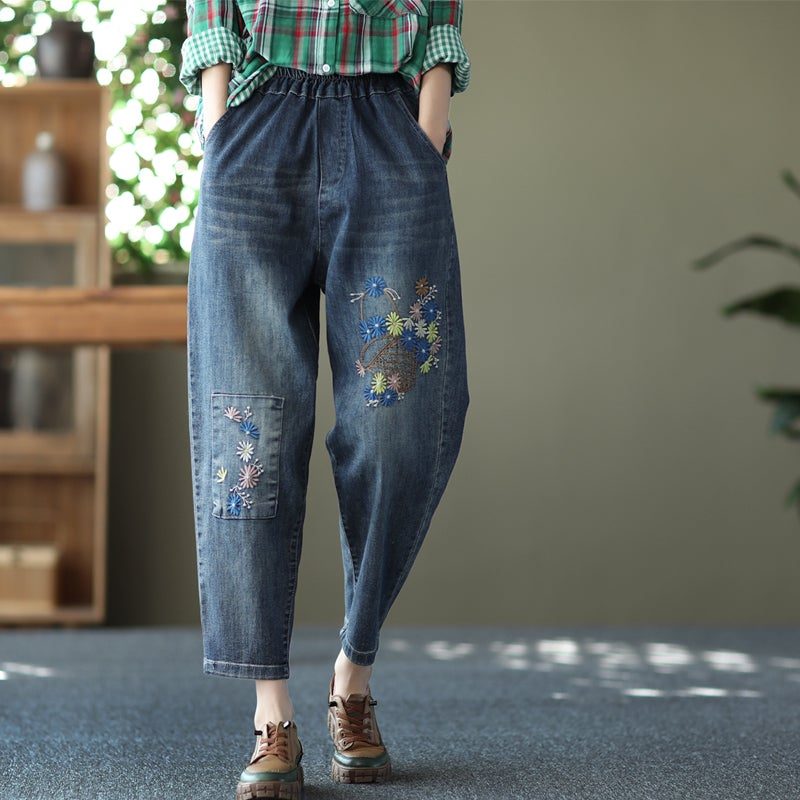 Frühlings-retro-stickerei Lockere Lässige Baumwolljeans