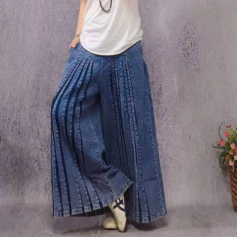 Herbst-winter-loose Striped Stitching Denim Hose Mit Weitem Bein Damen