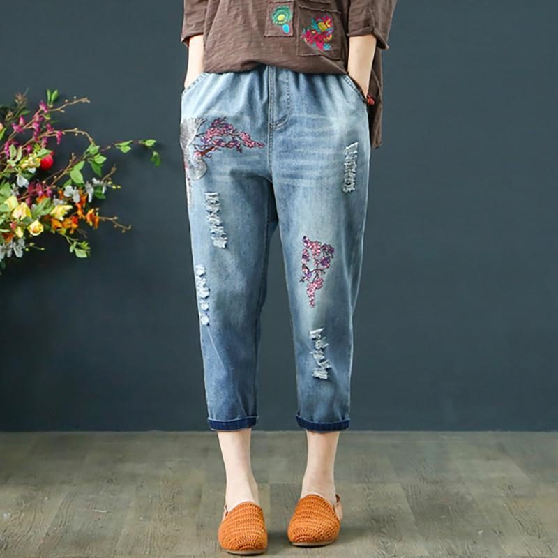 Hose Mit Elastischem Bund Und Distressed-muster Mit Blumenstickerei