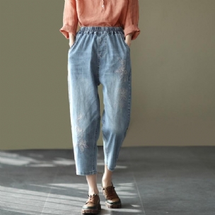 Lässige Denim-haremshose Mit Retro-stickerei