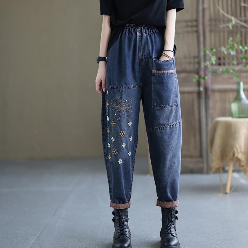 Lässige Retro-baumwoll-denim-hose Mit Blumenstickerei