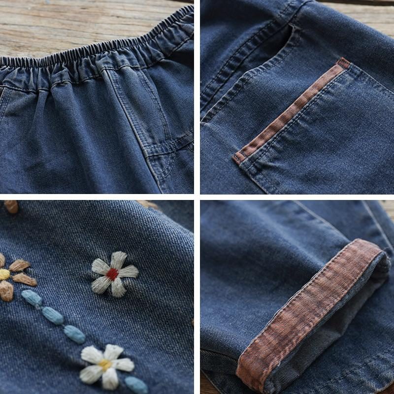 Lässige Retro-baumwoll-denim-hose Mit Blumenstickerei