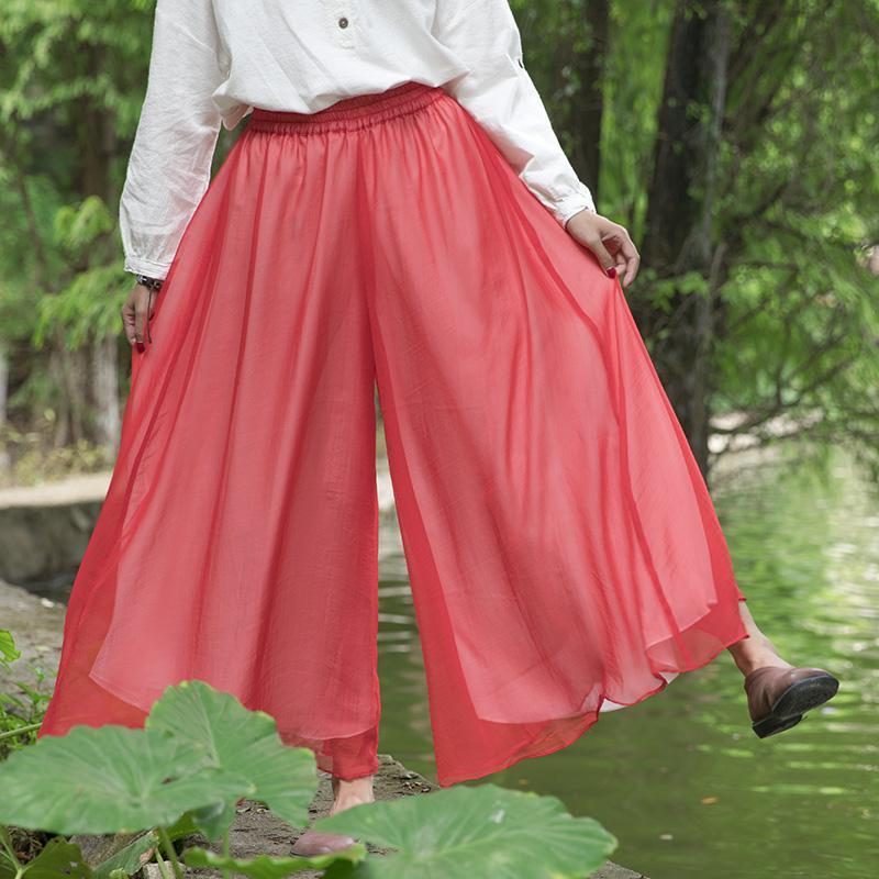 Literatur Knöchellange Chiffonhose Mit Weitem Bein In Rot