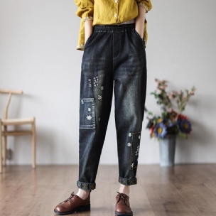 Lockere Denim-hosen Aus Baumwolle Mit Vintage-blumenstickerei