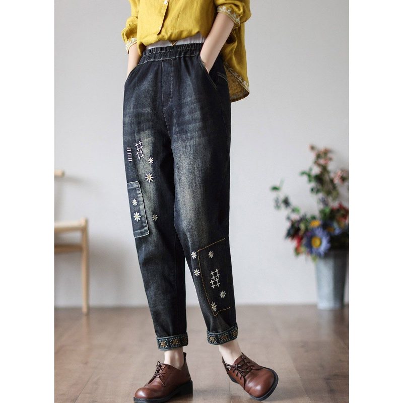 Lockere Denim-hosen Aus Baumwolle Mit Vintage-blumenstickerei