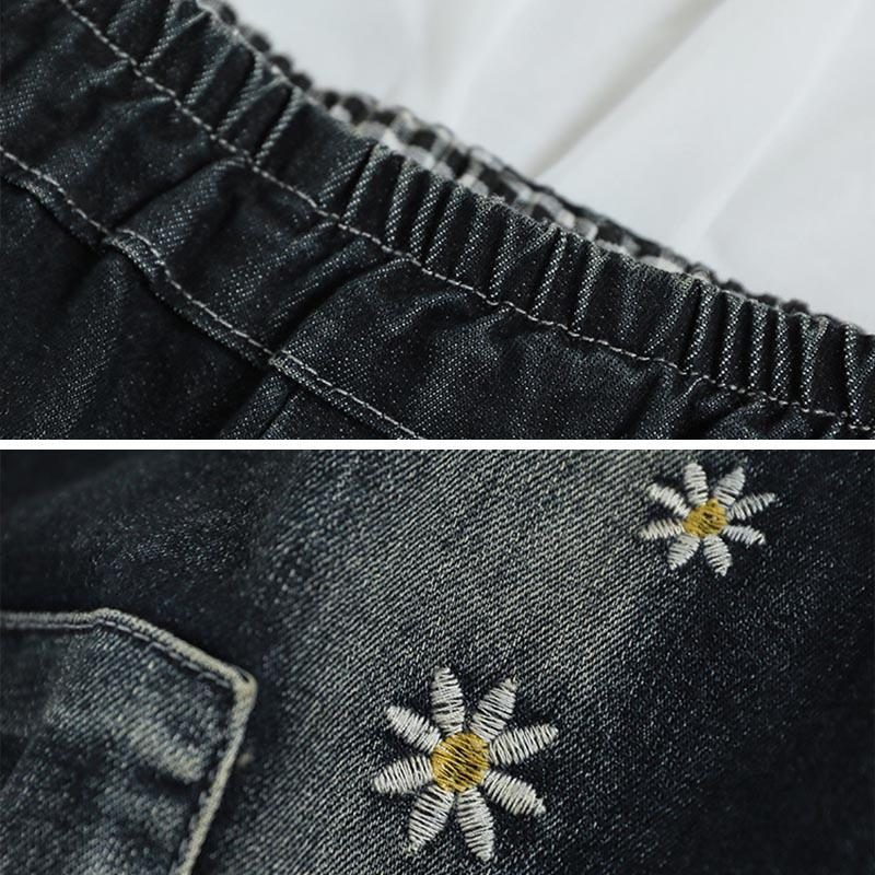 Lockere Denim-hosen Aus Baumwolle Mit Vintage-blumenstickerei