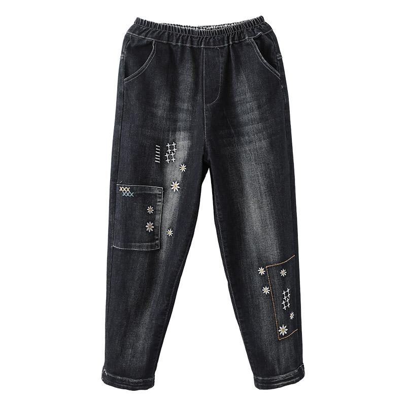 Lockere Denim-hosen Aus Baumwolle Mit Vintage-blumenstickerei