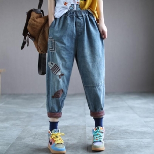 Lockere Hallen-denimhose Mit Fischstickerei Im Retro-stil