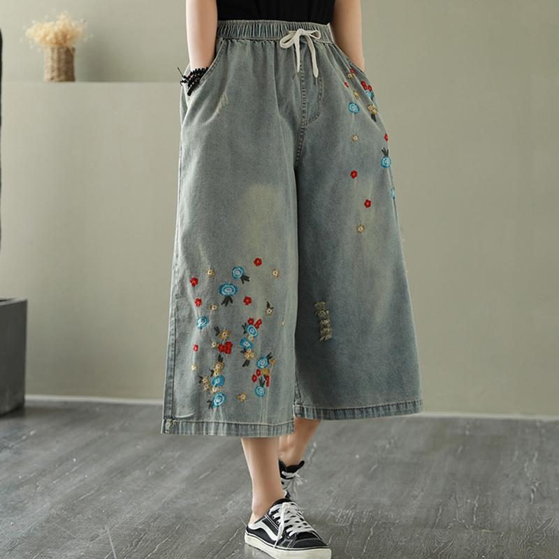 Lockere Legere Cropped-hosen Mit Weitem Bein Und Stickerei