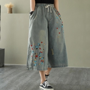 Lockere Legere Cropped-hosen Mit Weitem Bein Und Stickerei