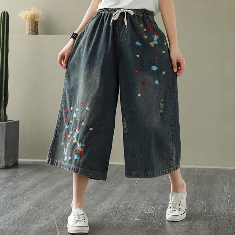 Lockere Legere Cropped-hosen Mit Weitem Bein Und Stickerei