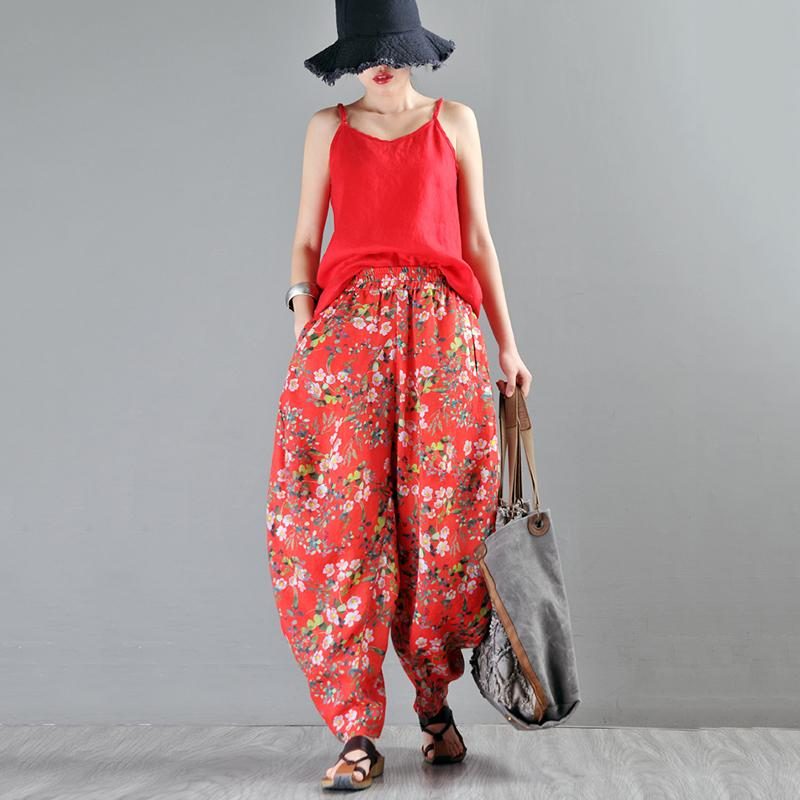 Lose Haremshose Mit Ramie-print Und Blumenmuster Rot