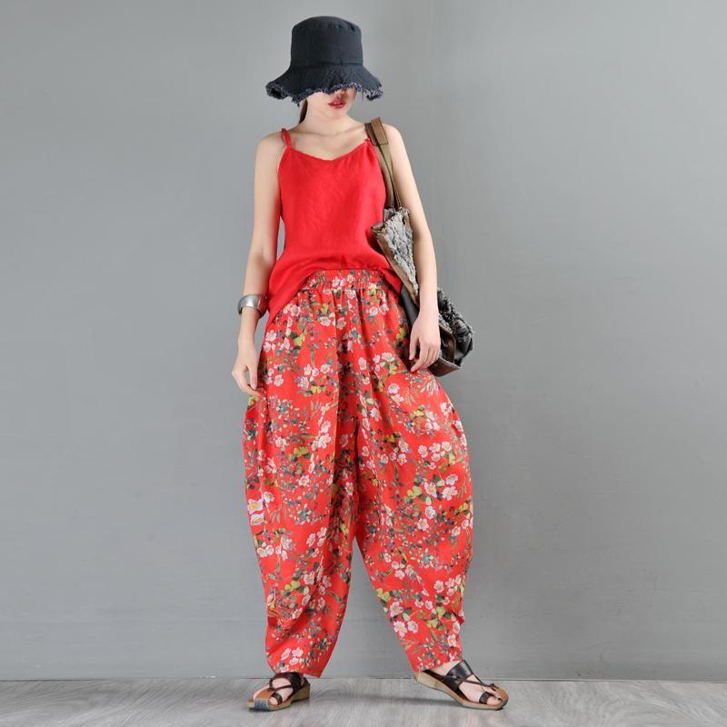 Lose Haremshose Mit Ramie-print Und Blumenmuster Rot