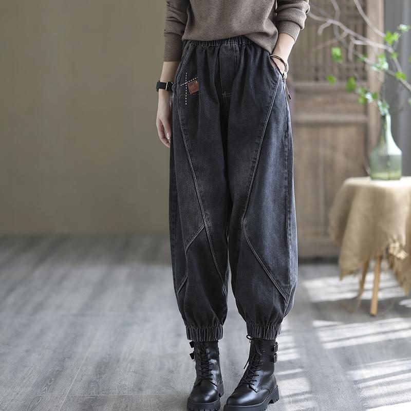 Lose Herbst-patchwork-haremsdenimhose In Übergröße