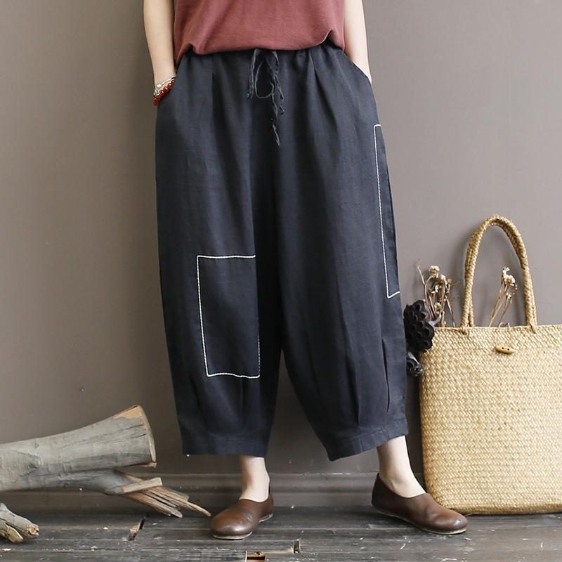 Lose Sommer-retro-hose Aus Leinen Mit Stickerei