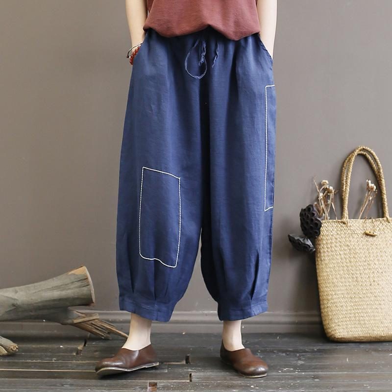 Lose Sommer-retro-hose Aus Leinen Mit Stickerei