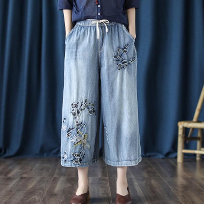 Retro-jeans Bestickte Cropped-hose Mit Weitem Bein