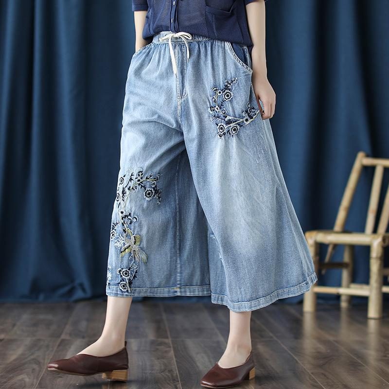 Retro-jeans Bestickte Cropped-hose Mit Weitem Bein