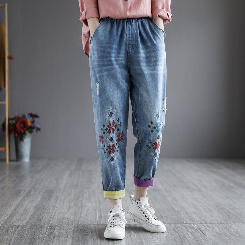 Sommerliche Retro-denim-haremshose Mit Stickerei