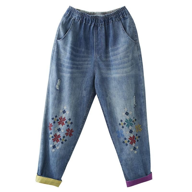 Sommerliche Retro-denim-haremshose Mit Stickerei