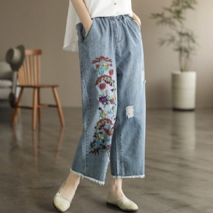 Weit Geschnittene Jeans Aus Baumwolle Im Retro-stil Mit Blumenstickerei