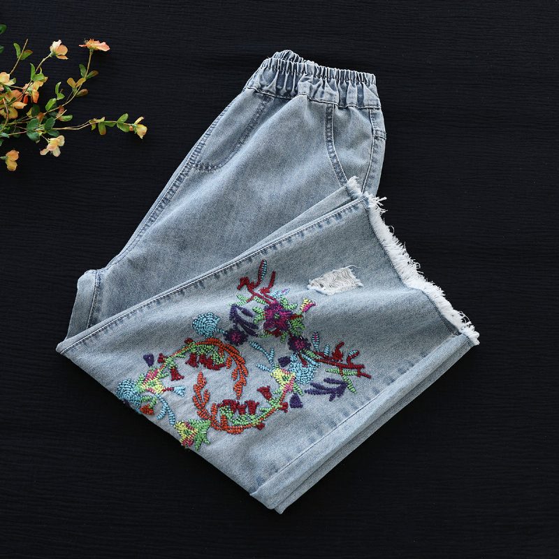 Weit Geschnittene Jeans Aus Baumwolle Im Retro-stil Mit Blumenstickerei