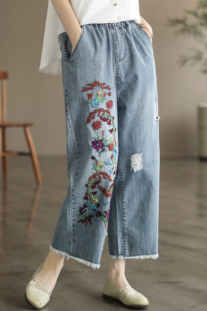 Weit Geschnittene Jeans Aus Baumwolle Im Retro-stil Mit Blumenstickerei