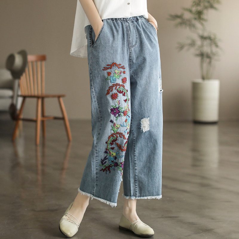 Weit Geschnittene Jeans Aus Baumwolle Im Retro-stil Mit Blumenstickerei