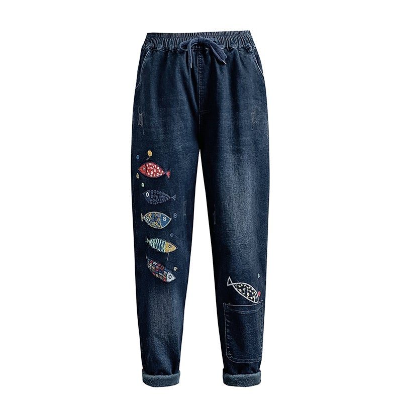 Winter-frauen-plüsch-retro-stickerei-beiläufige Jeans