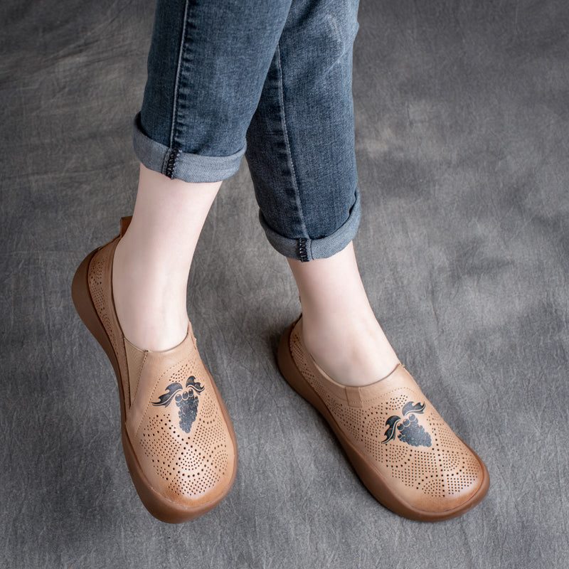 Damen Frühling Retro Bedruckte Handgefertigte Lederloafer