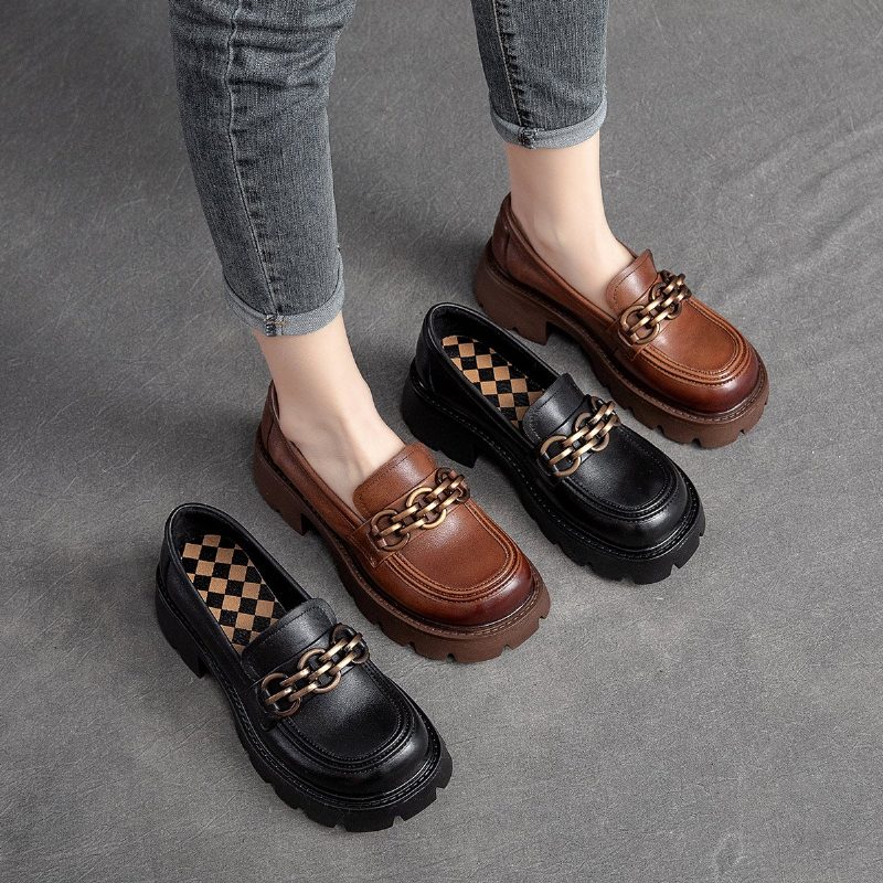 Damen Frühling Retro Leder Casual Loafer