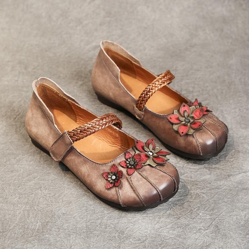 Damen-retro-blumen-flache Leder-freizeitschuhe