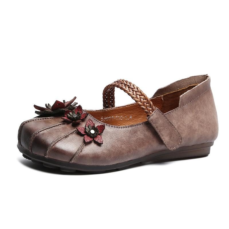 Damen-retro-blumen-flache Leder-freizeitschuhe