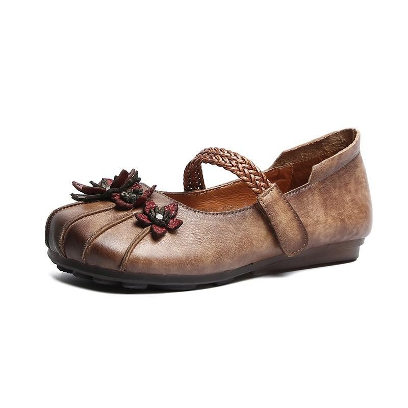 Damen-retro-blumen-flache Leder-freizeitschuhe