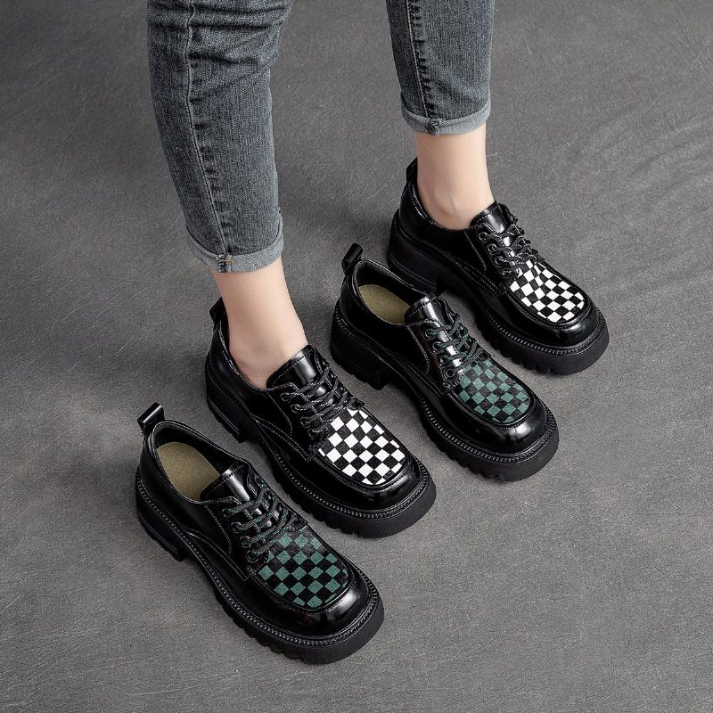 Damen Spring Leather Plaid Color Matching Loafers