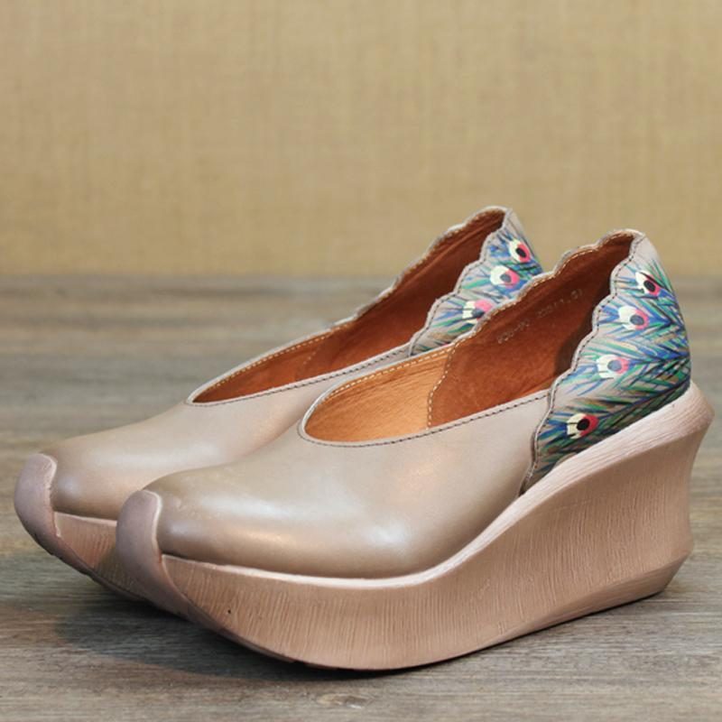 Damen Wedge Peacock Tail Print Nähen Freizeitschuhe