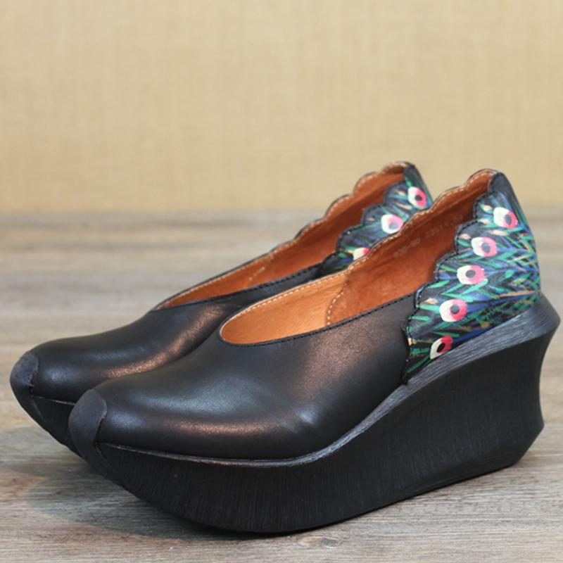 Damen Wedge Peacock Tail Print Nähen Freizeitschuhe